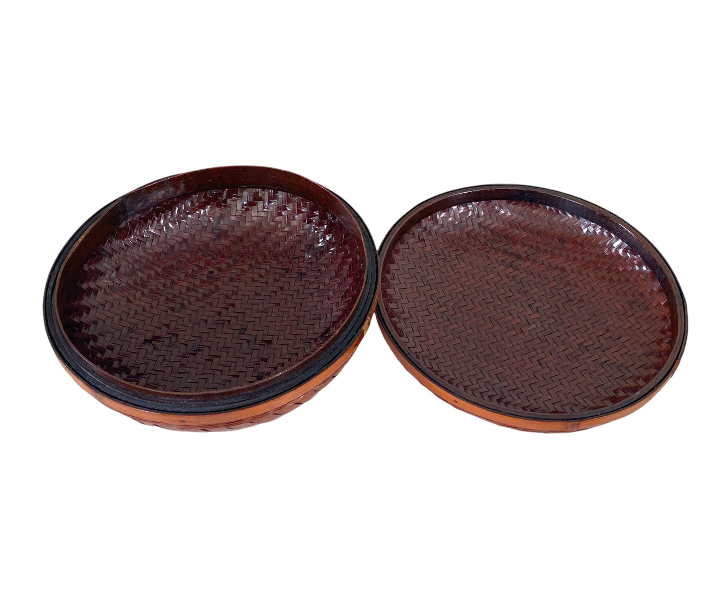 #6233 Vintage Chinoiserie Round Woven Bamboo Lidded Basket 9.5" Diameter