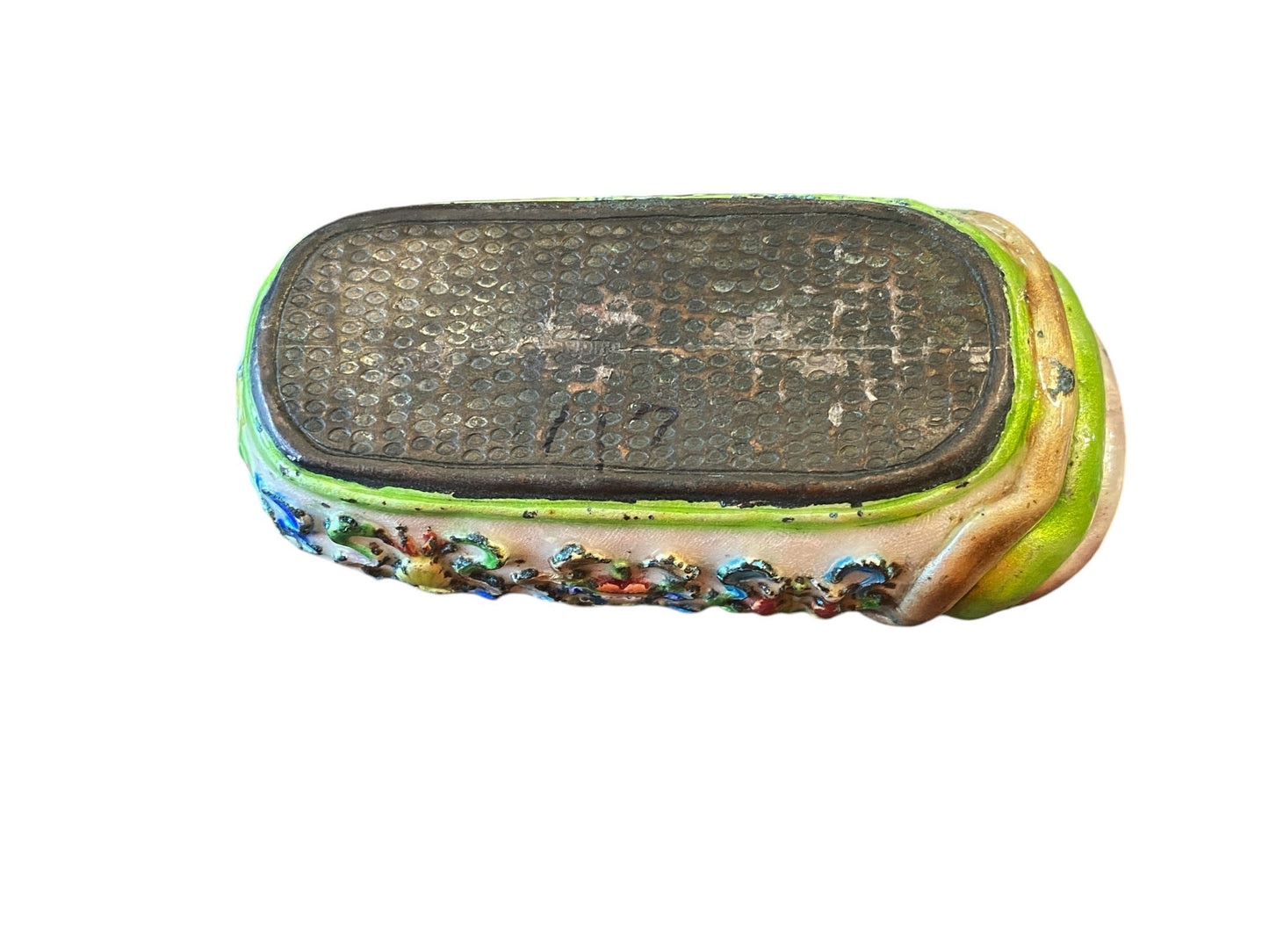 #6181 Antique Chinoiserie Colorful Enamels On Brass Mini Shoe 3.5" W