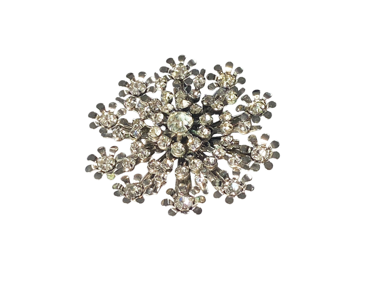 #6280 Vintage Silver Tone Diamanté Clear Rhinestone Starburst Snowflake Pin Brooch
