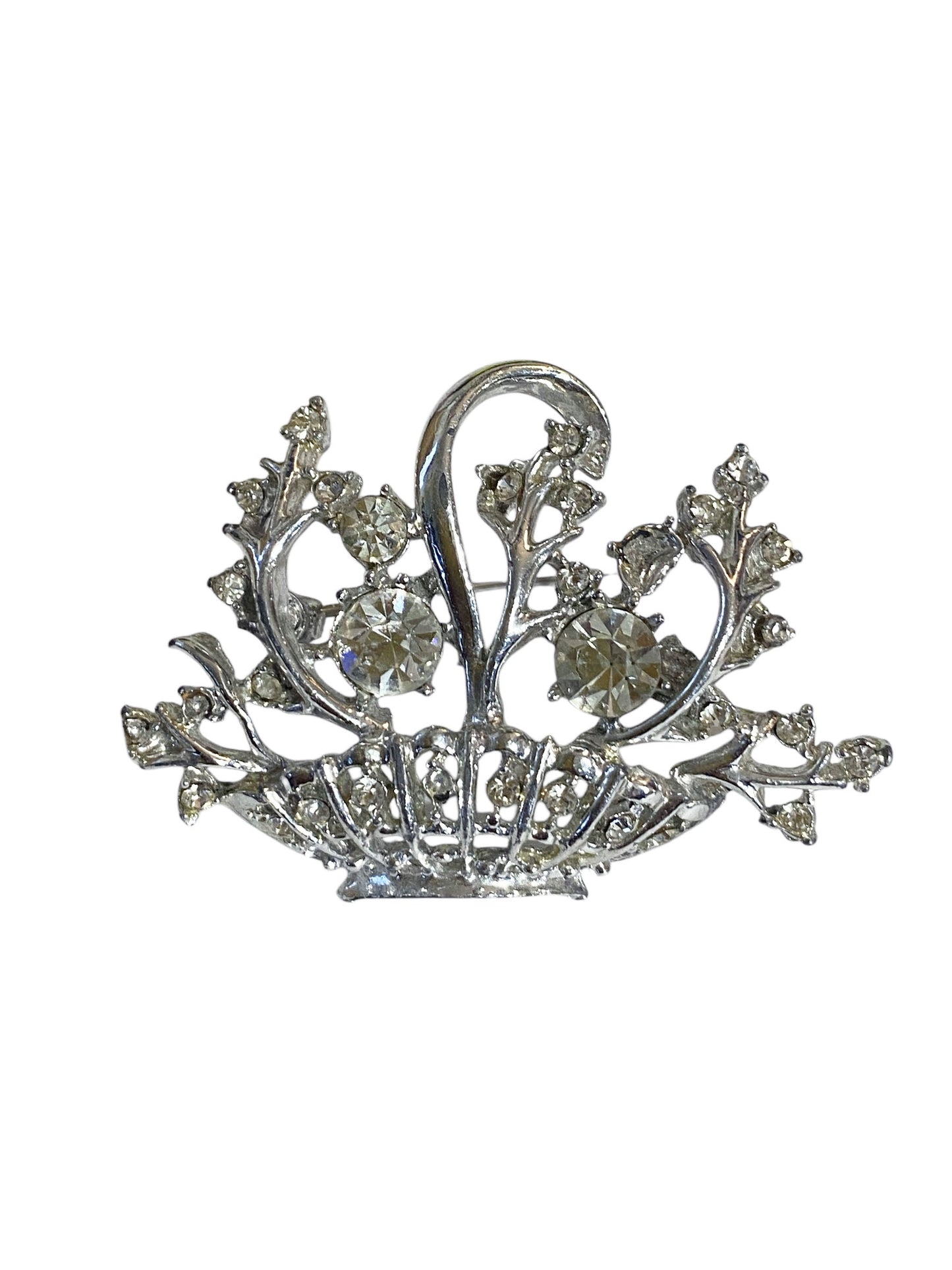 #6307 Vintage Clear Rhinestones Silver Tone Flower Basket Brooch