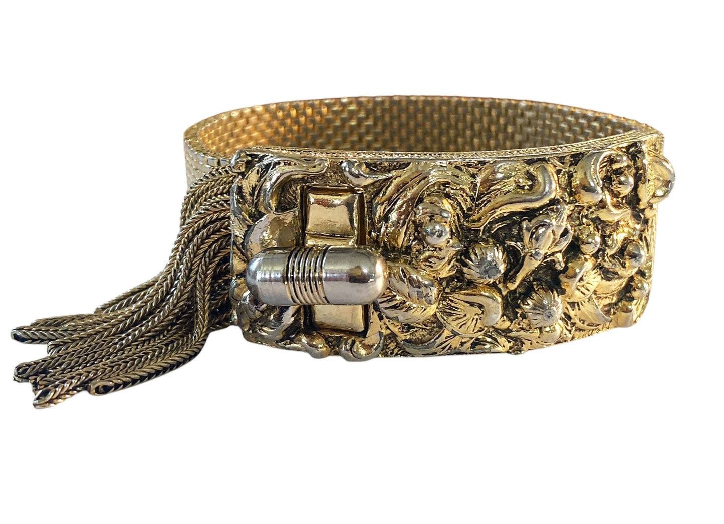 #6293 Vintage Goldstone Mesh Tassel Bracelet  8.25"