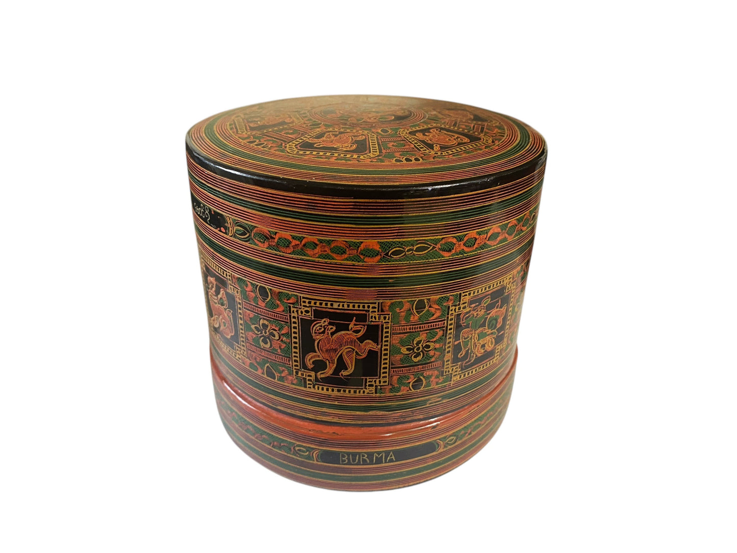#6379 Vintage Burmese Asian Lacquer Wood Hand Painted Betel Box 5" H
