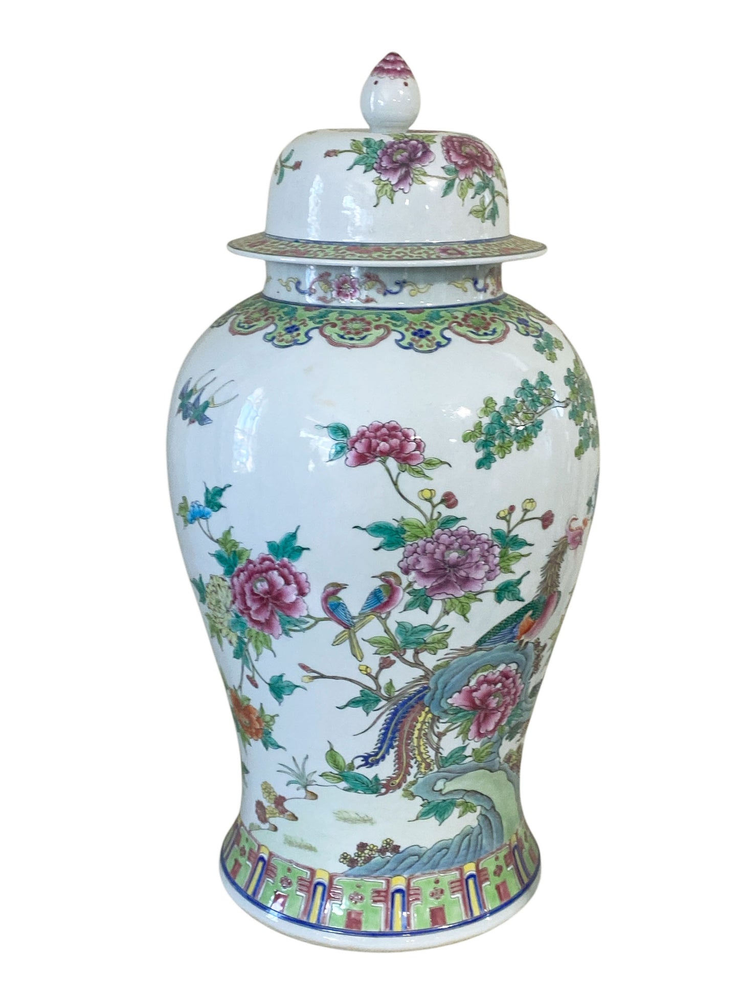 #3201 Vintage LG Chinoiserie Famille Rose Porcelain Ginger Jar 24" H
