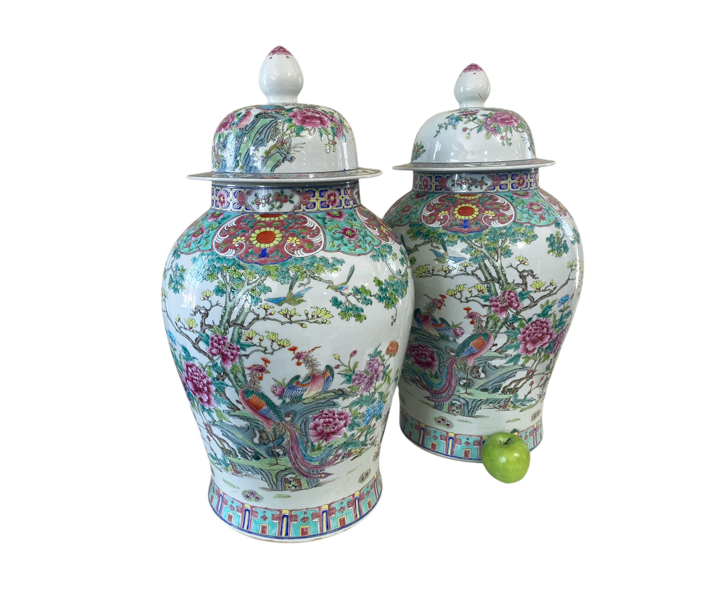 #5949 Vintage LG Chinoiserie Famille Rose Porcelain Ginger Jars 26" H Pair