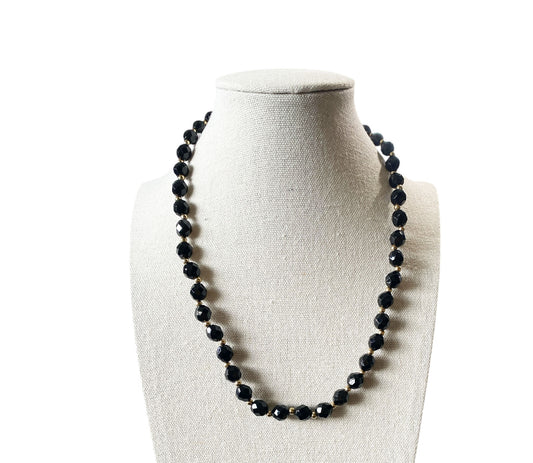 #6389 Vintage Bohemian  Black Czech Faceted Crystal  and Gold Beaded  Necklace