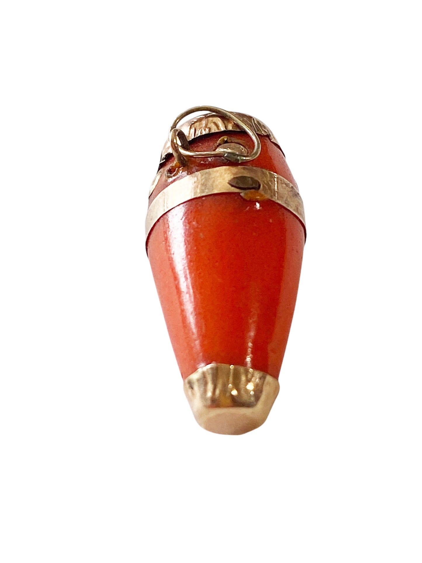 #6395 Vintage 14K gold and Bakelite Coral Good Luck Charm Pendant