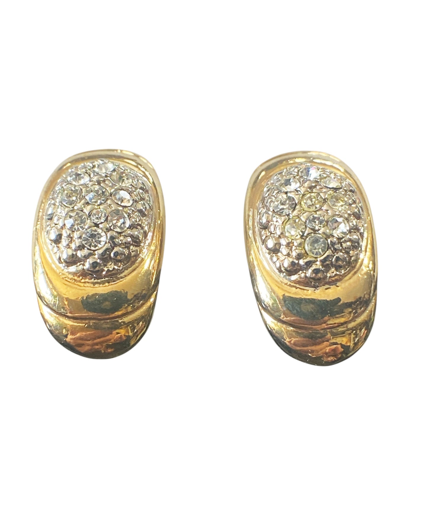 #6396 Vintage Gold Tone W/Shimmering Glass Diamonds Clips Earrings