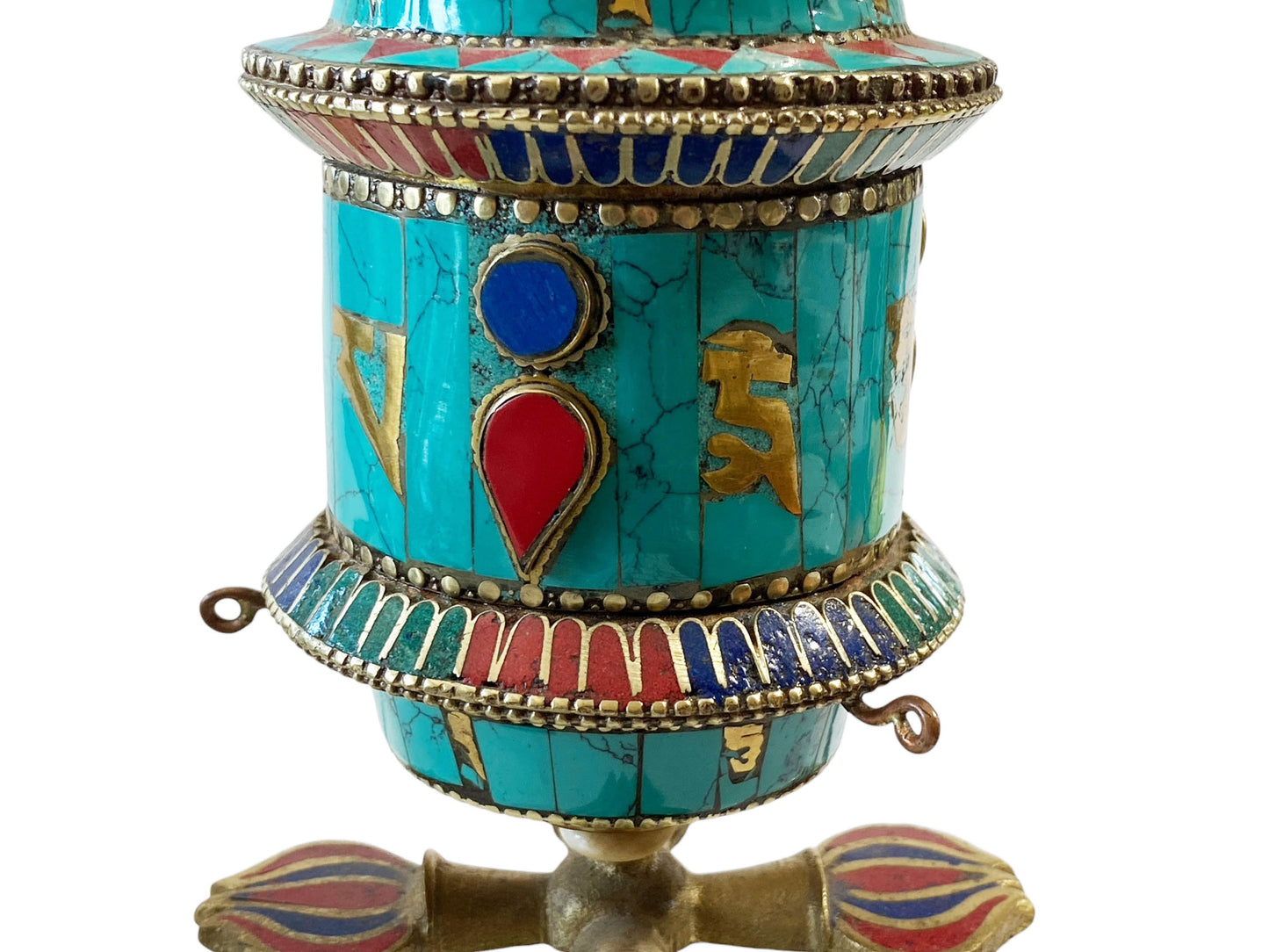 #1379 Nepalese Brass W/ Turquoise/Coral/Lapis Stones Table Top Prayer Wheel