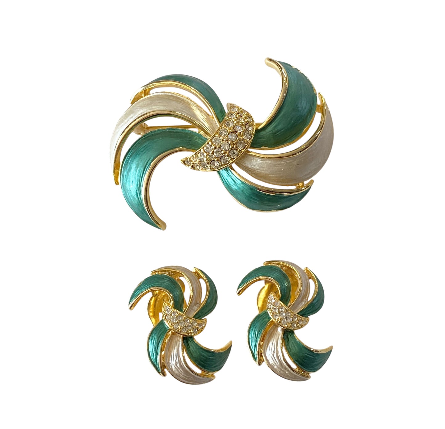 #18 Vintage set of a Brooch Pin & Earrings Gold Tone with enamel Leaf Feather