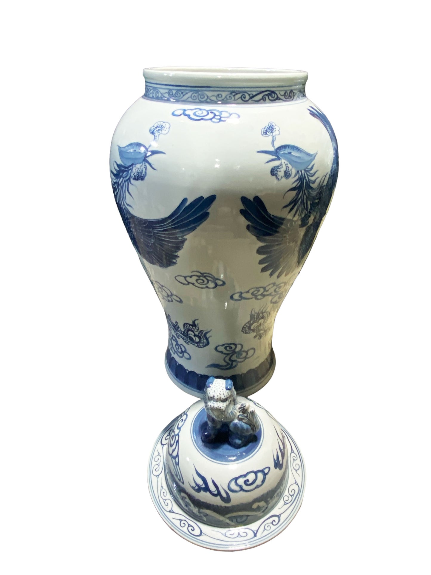 #7198 Large Chinoiserie Porcelain Ginger Peacocks Jar 37" H