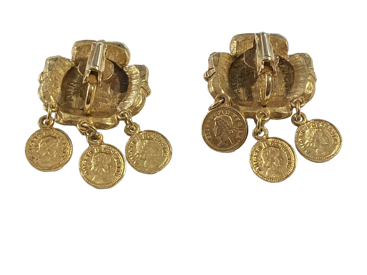 #7228 Vintage Queen Elizabeth II Regina Gold Tone Coins Green Enamel Earrings