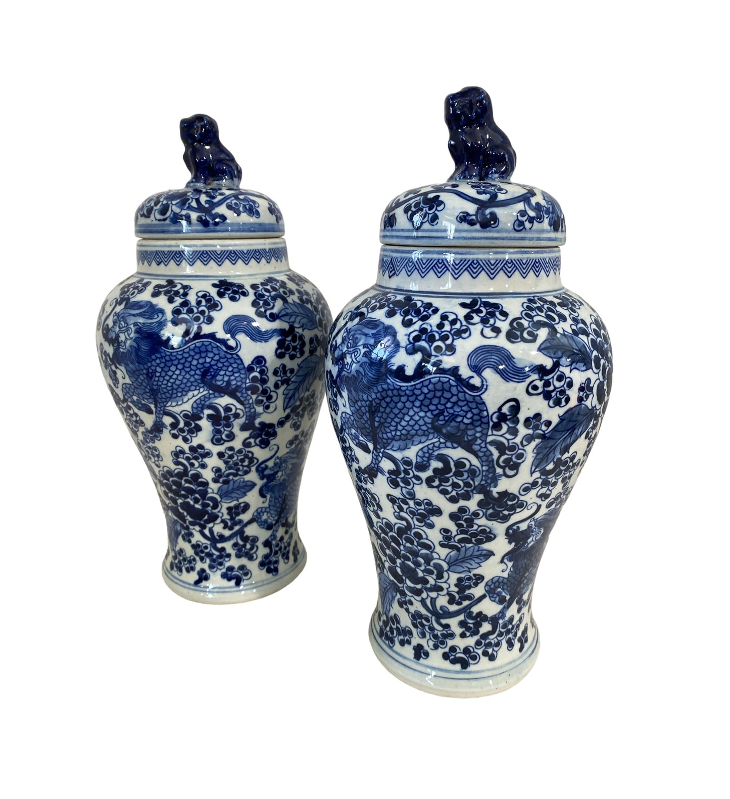 #7257 Chinoiserie Blue and White Porcelain Covered Jars w/ foo Dogs 12.5" H
