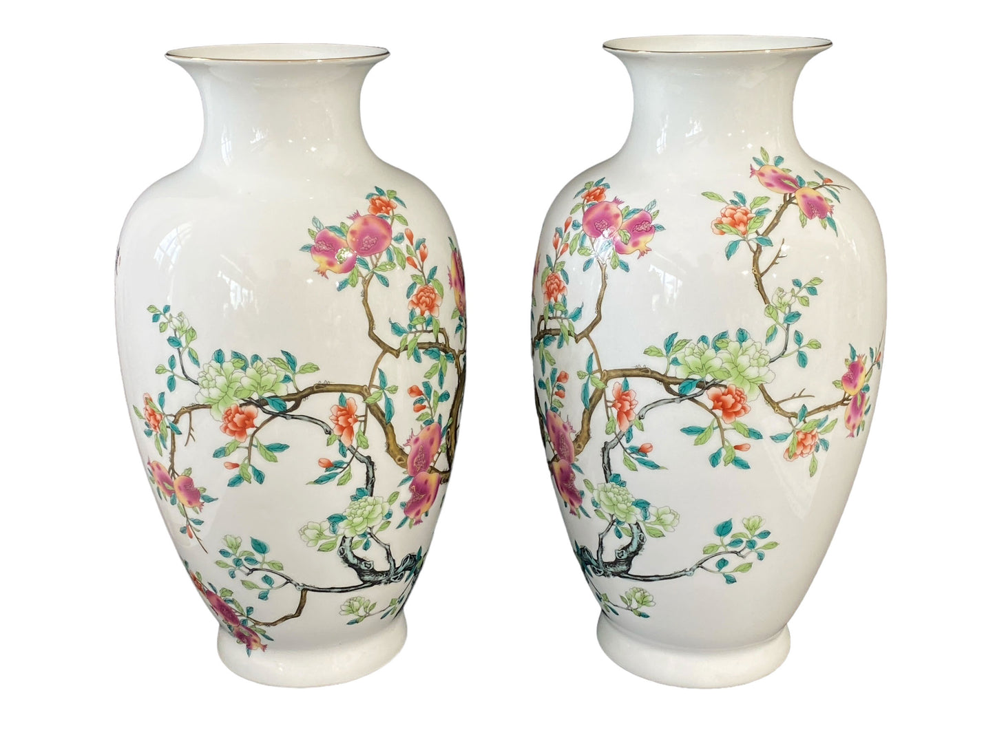 #6125 Chinoiserie Pair of Porcelain Egg Shell Vases 14" H
