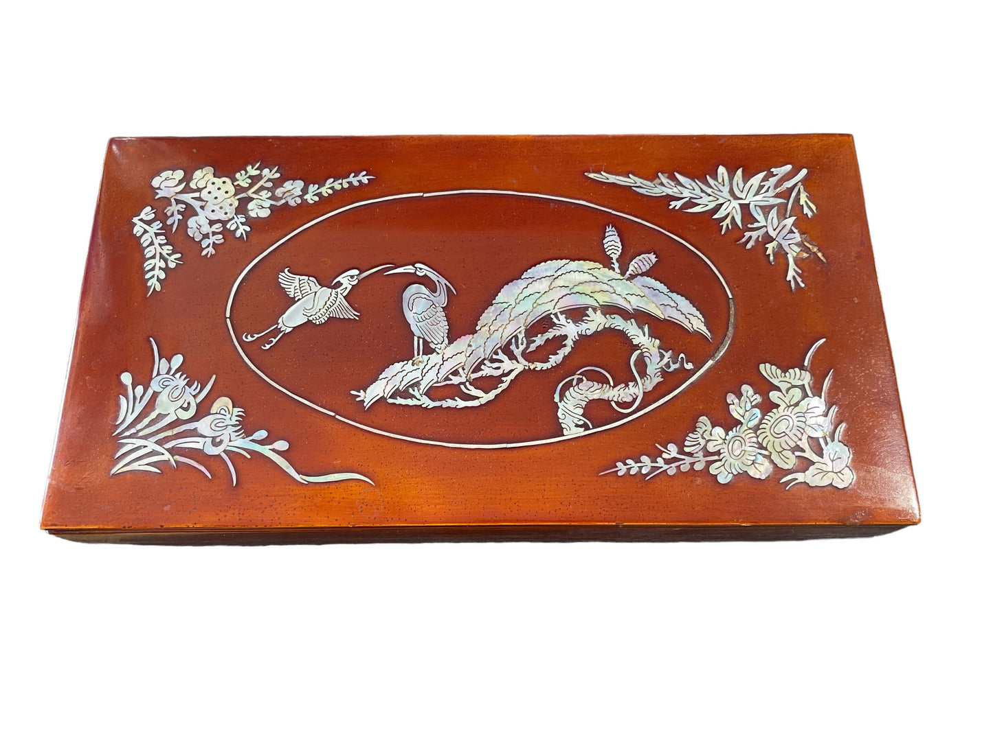 #6137 Vintage Korean Mother-Of-Pearl Inlaid Cigar Lacquer Box and ashtray