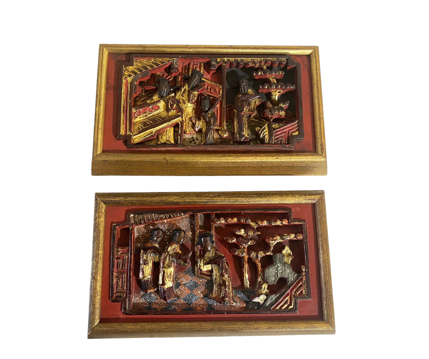 #6216 Antique Chinoiserie Wall Hanging Set of Two Plaques/Panels Framed .