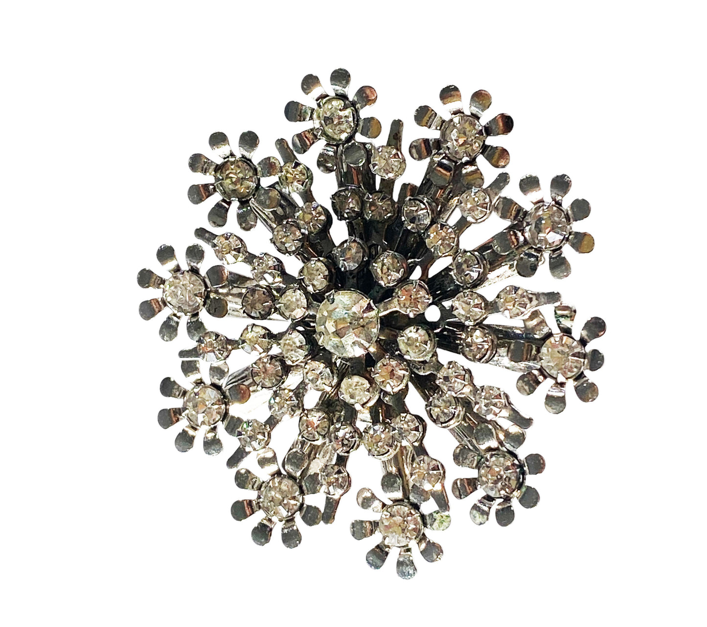 #6280 Vintage Silver Tone Diamanté Clear Rhinestone Starburst Snowflake Pin Brooch