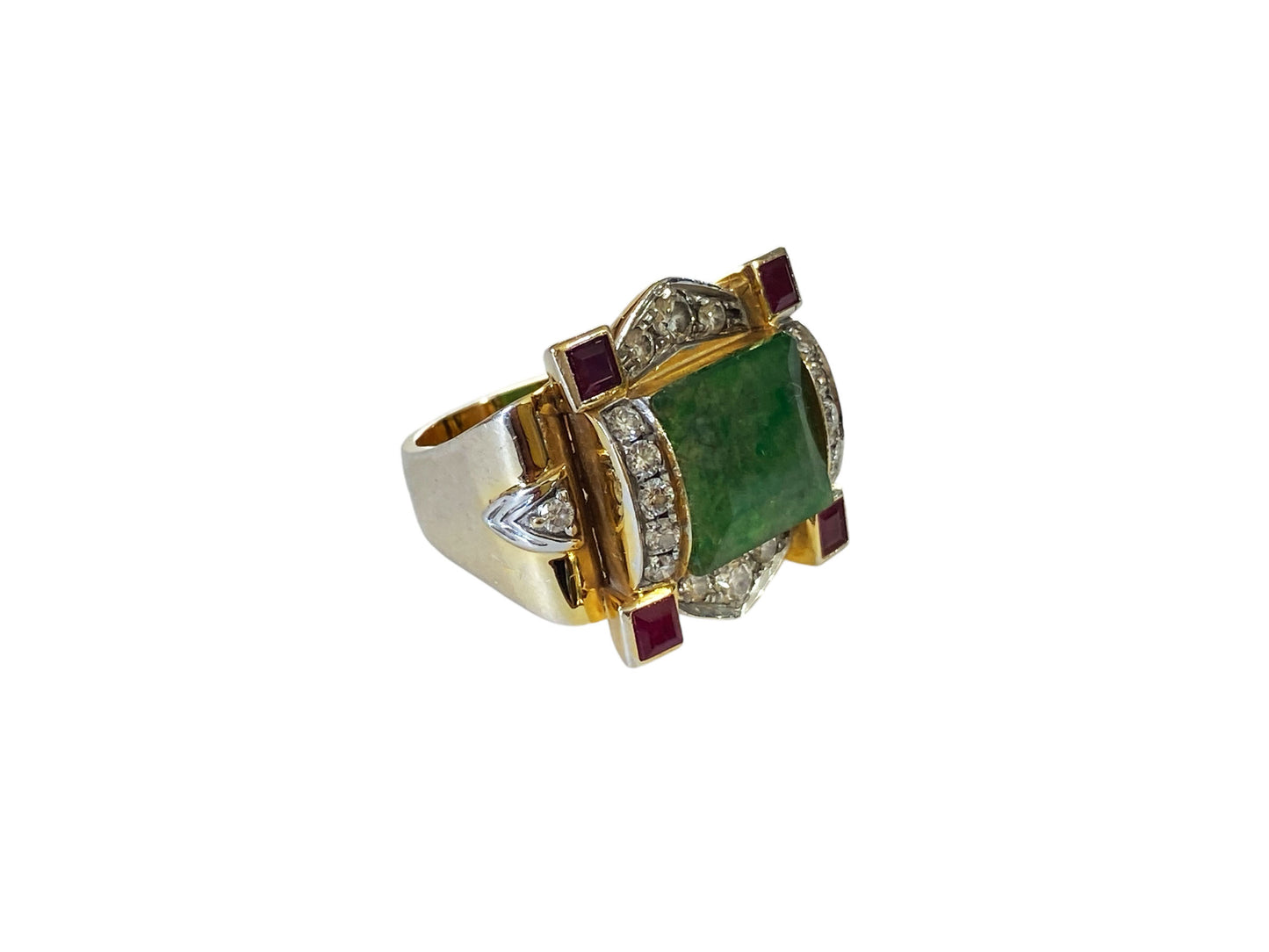 #6281 Art Deco 22K Gold ring w/jade /ruby/Diamond size 7