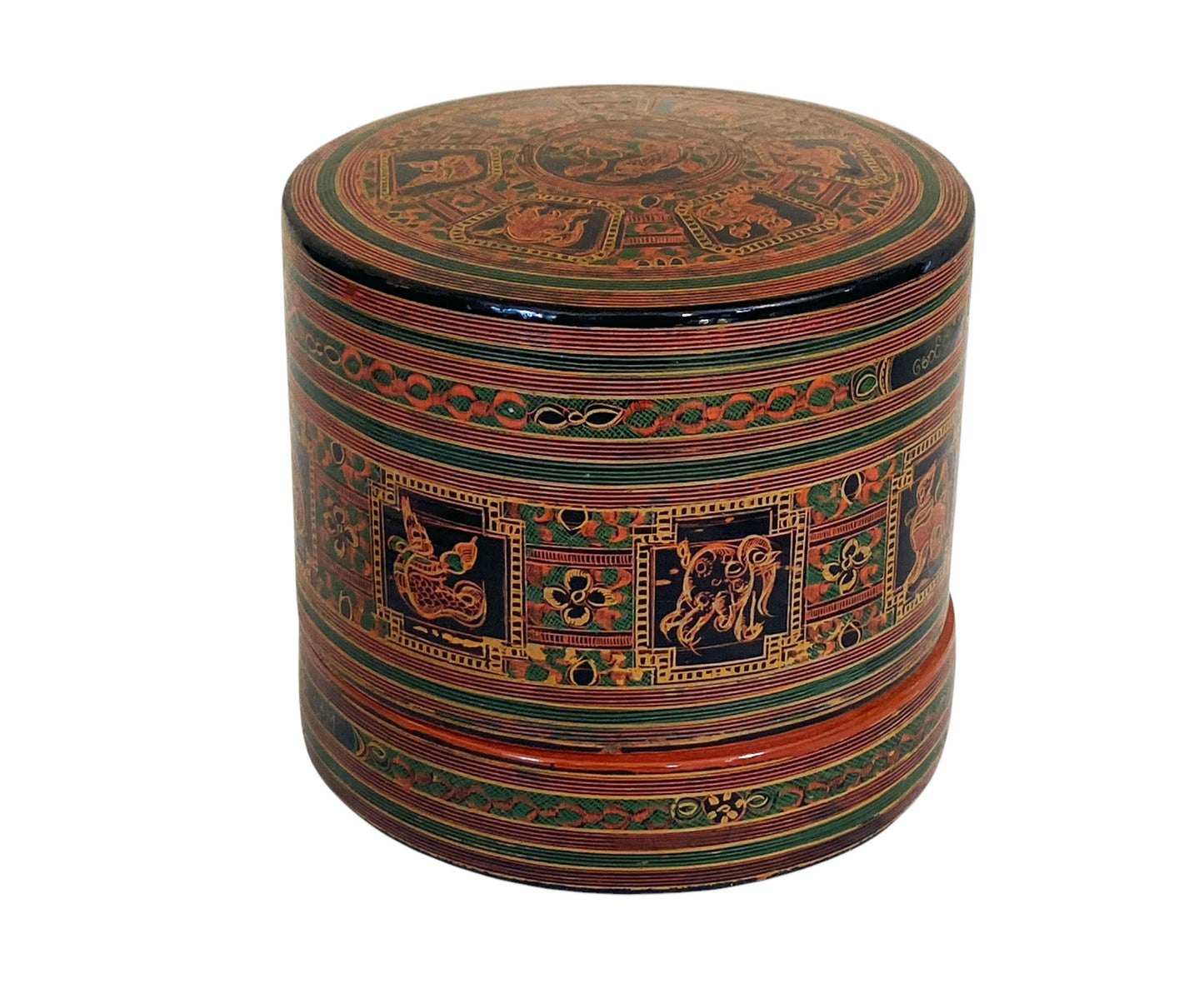 #6379 Vintage Burmese Asian Lacquer Wood Hand Painted Betel Box 5" H