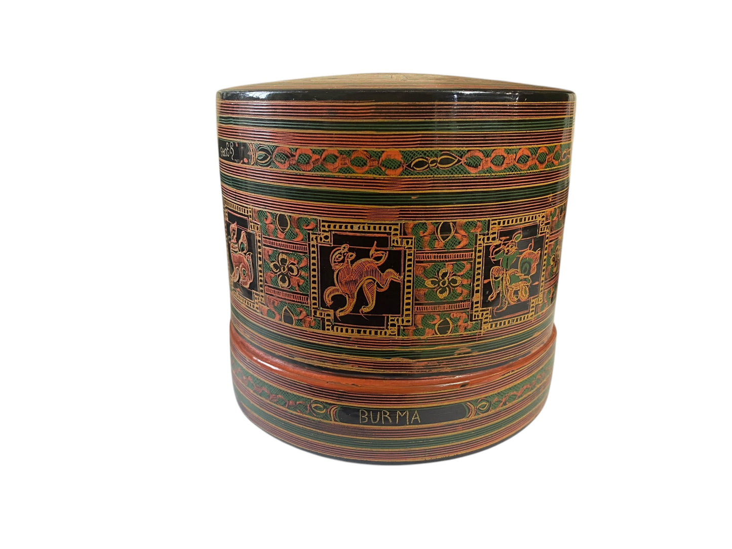 #6379 Vintage Burmese Asian Lacquer Wood Hand Painted Betel Box 5" H
