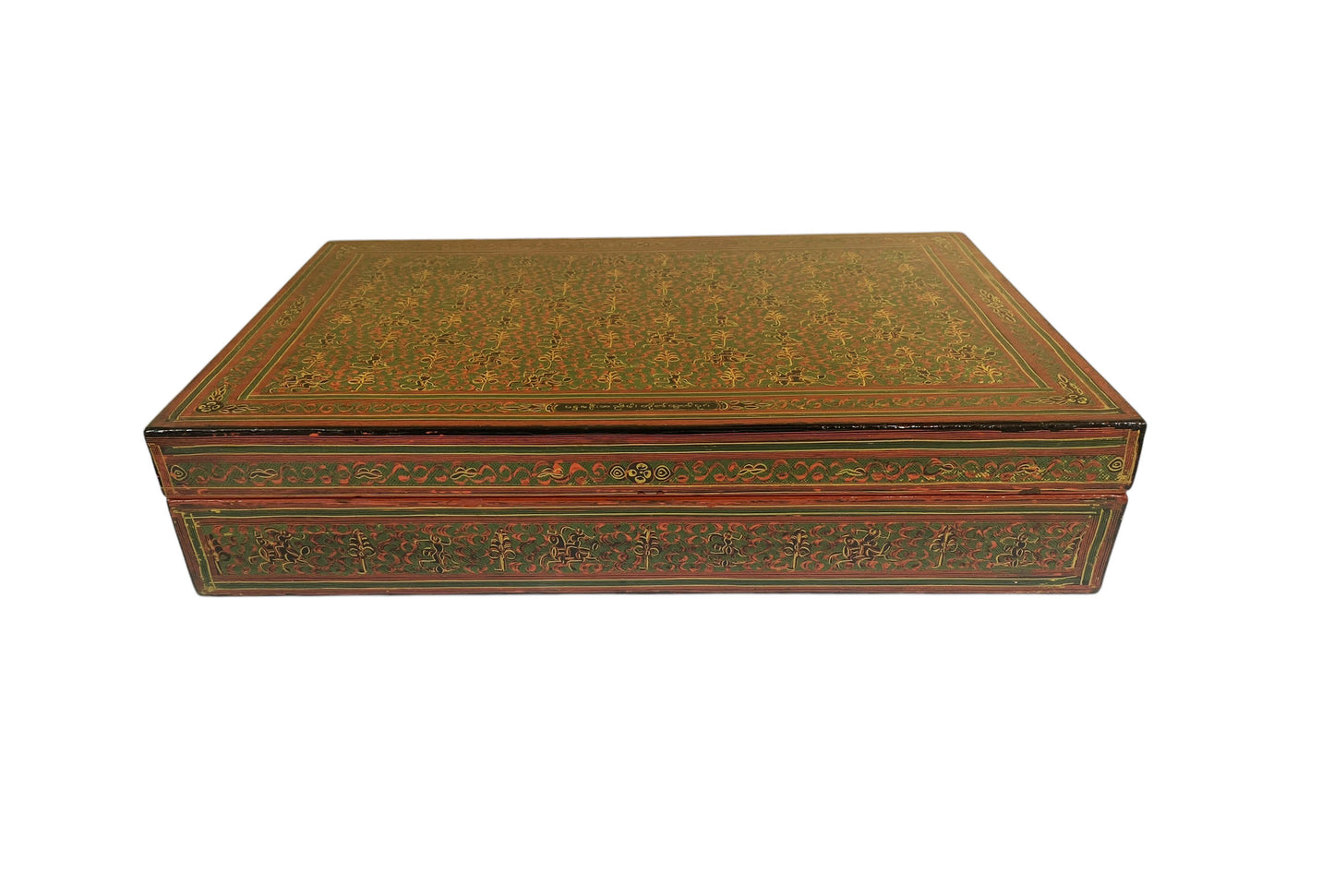 #6382 Vintage Large Burmese Asian Lacquer Wood Hand Painted Box 18' W
