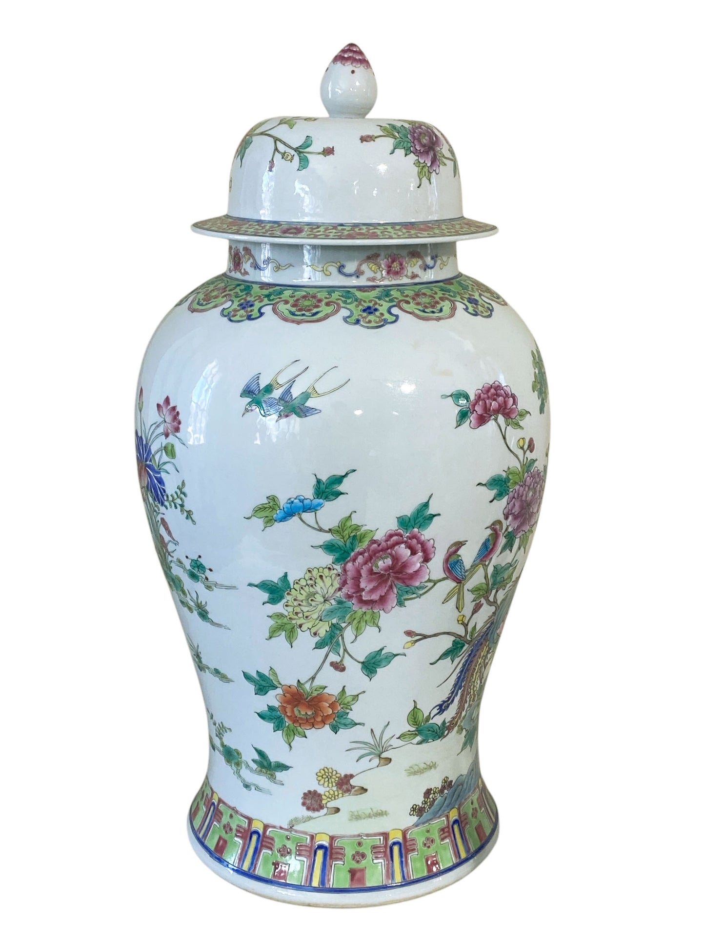 #3201 Vintage LG Chinoiserie Famille Rose Porcelain Ginger Jar 24" H