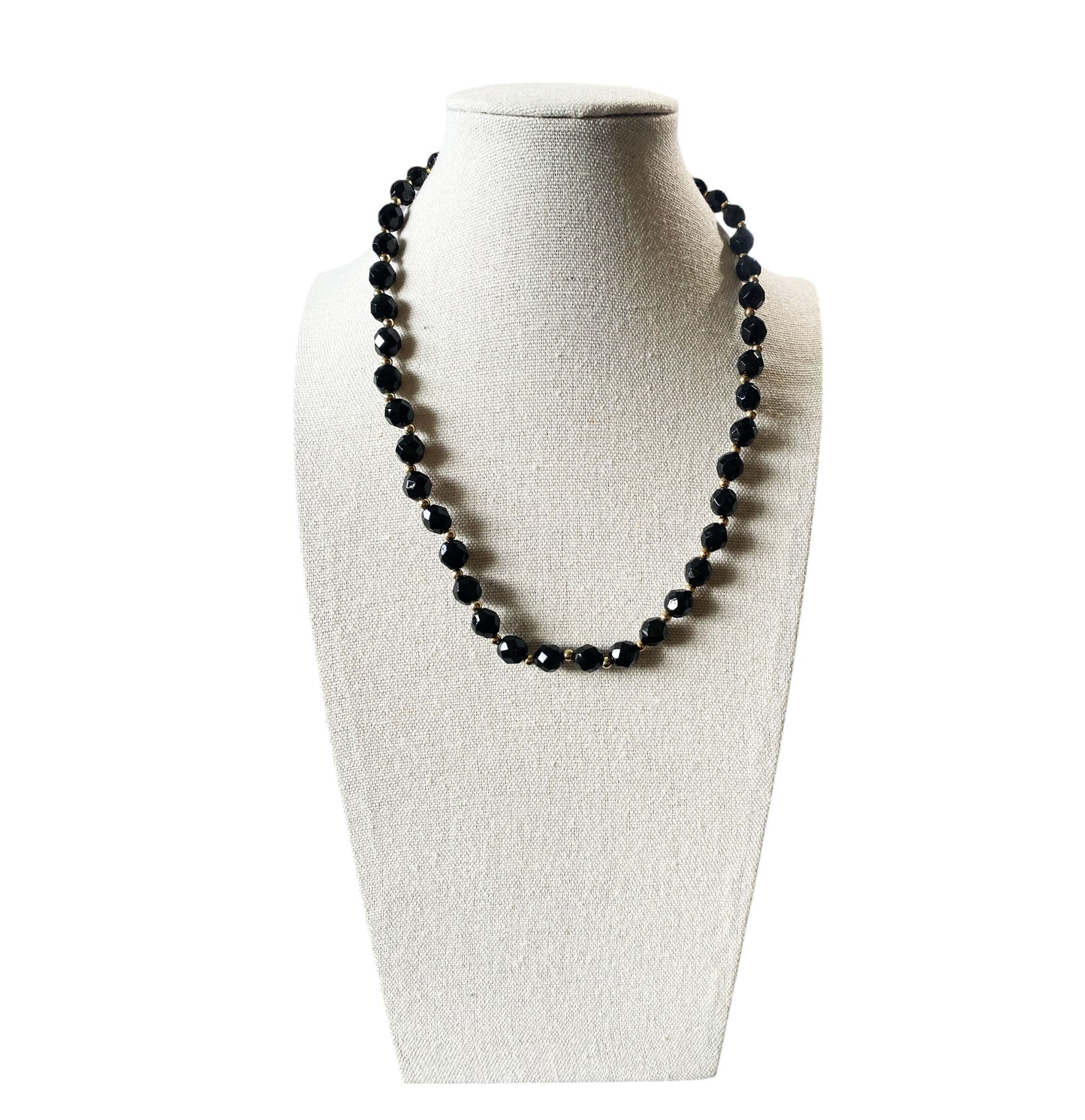 #6389 Vintage Bohemian Black Czech Faceted Crystal and Gold Beaded Necklace