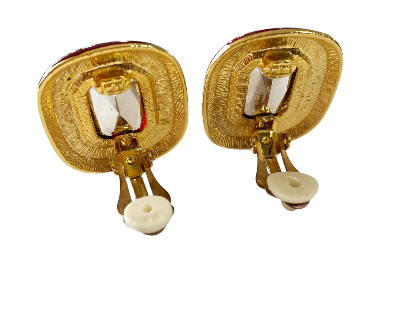 #6393 Vintage Red Enamel And Faux Ruby /Clear Rhinestone Clip on Earrings