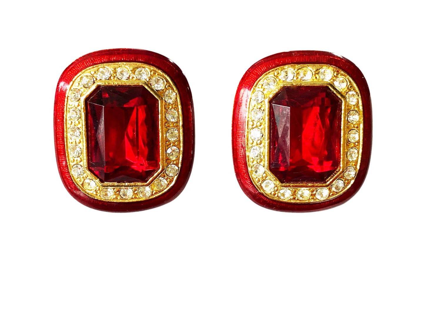 #6393 Vintage Red Enamel And Faux Ruby /Clear Rhinestone Clip on Earrings