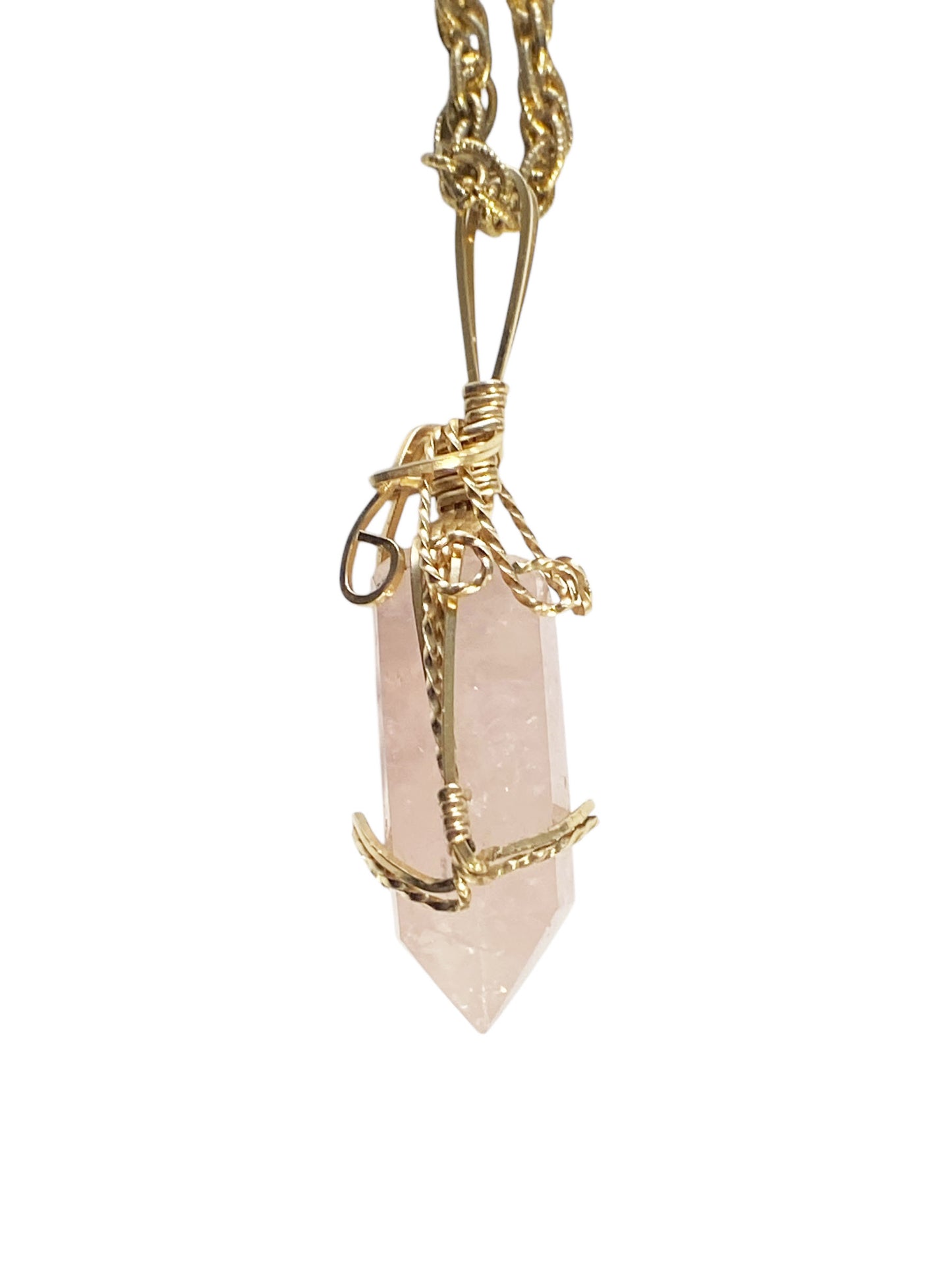 #6427 Vintage Rose Quartz Pendant with Gold tone Chain 14" H