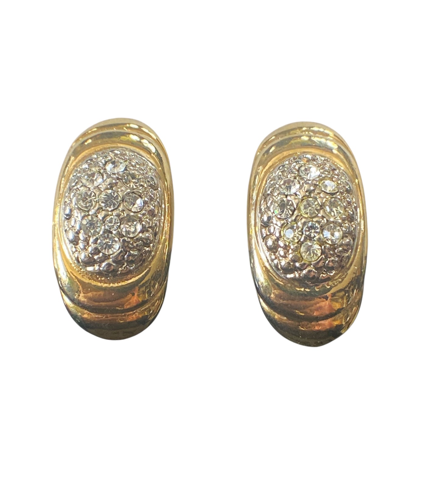 #6396 Vintage Gold Tone W/Shimmering Glass Diamonds Clips Earrings