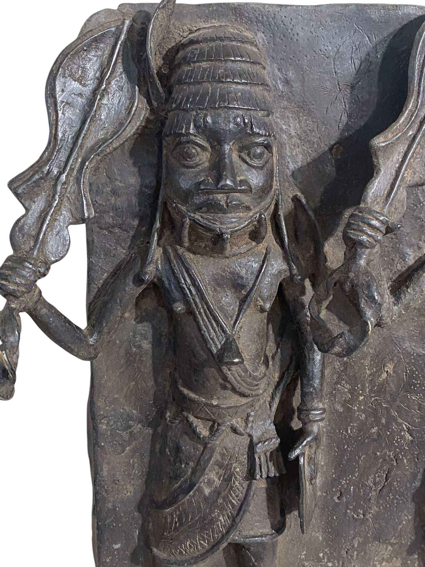 #3877 Vintage  Large African Benin Bronze Plaque W/ Warriors 18.25" H