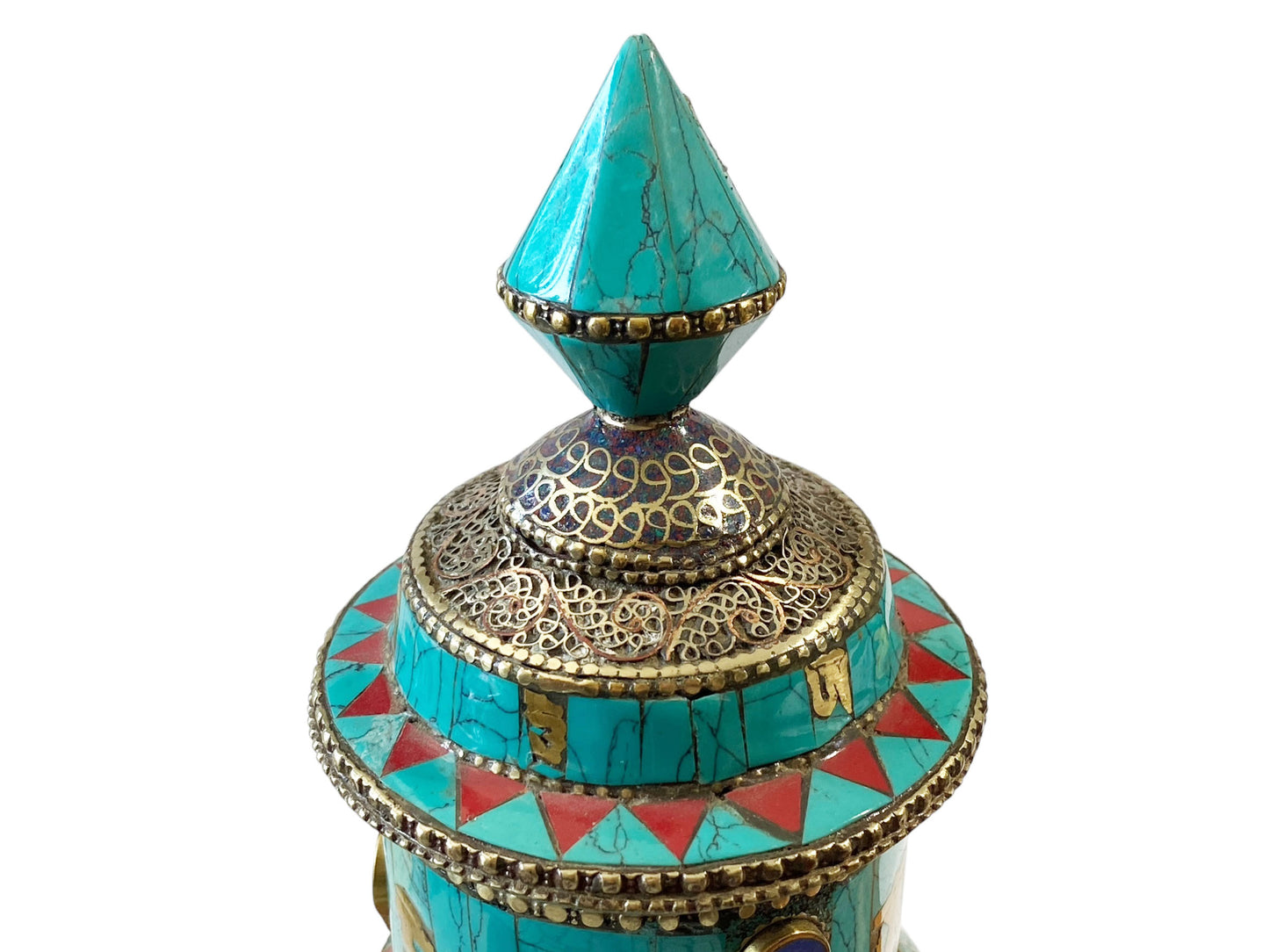 #1379 Nepalese Brass W/ Turquoise/Coral/Lapis Stones Table Top Prayer Wheel