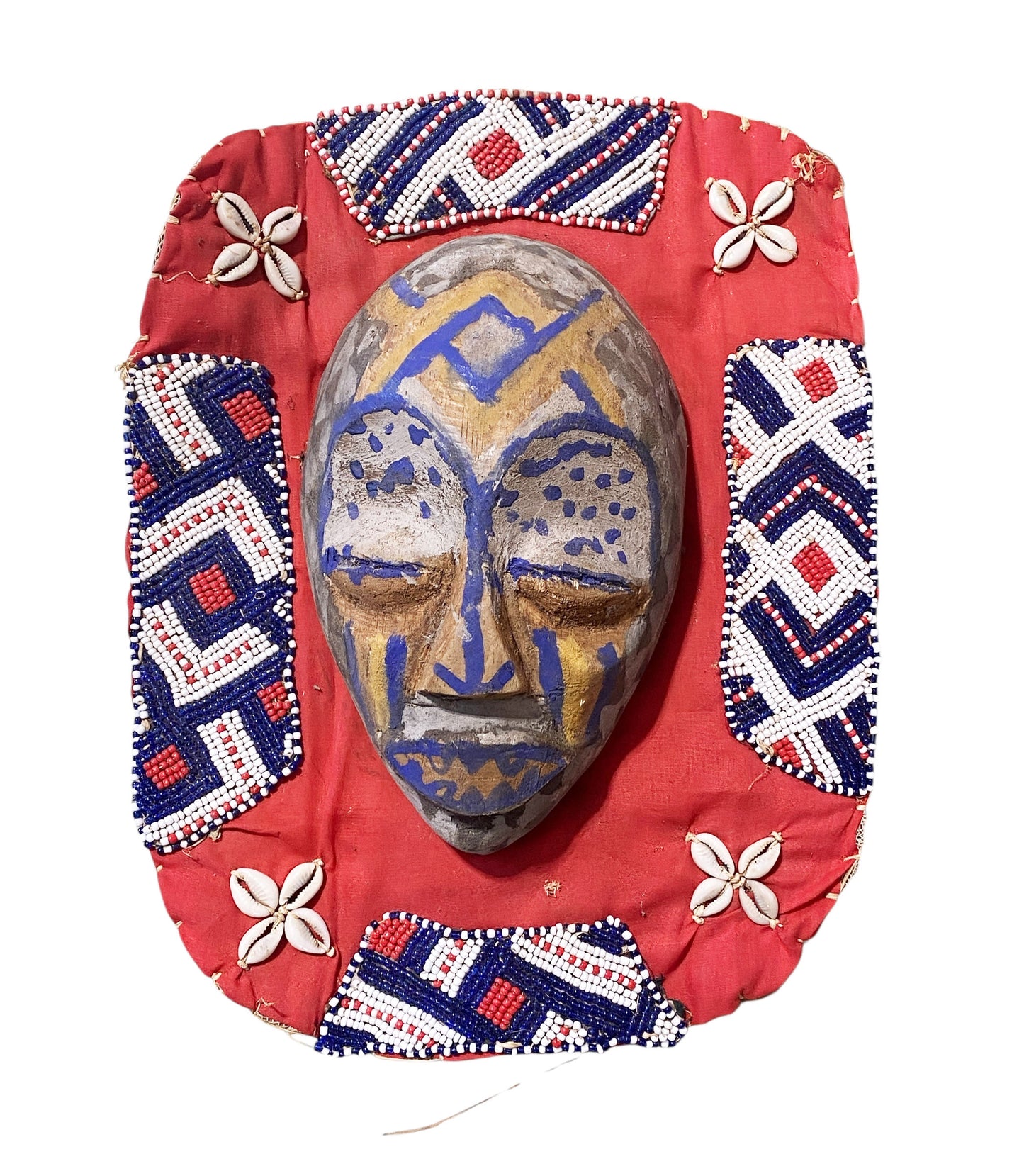 #6805 Vintage African Art Hand Carved Beaded Kuba Mask 14" H