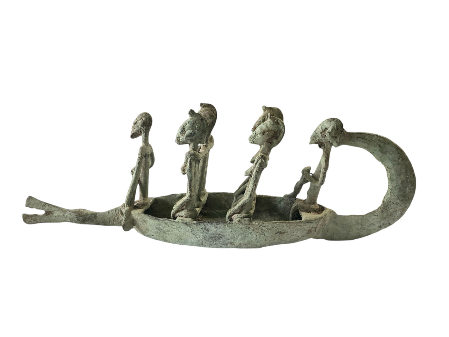 #7220 Large Dogon Bronze Pirogue Crocodile Boat W/ figures , Mali 16" W