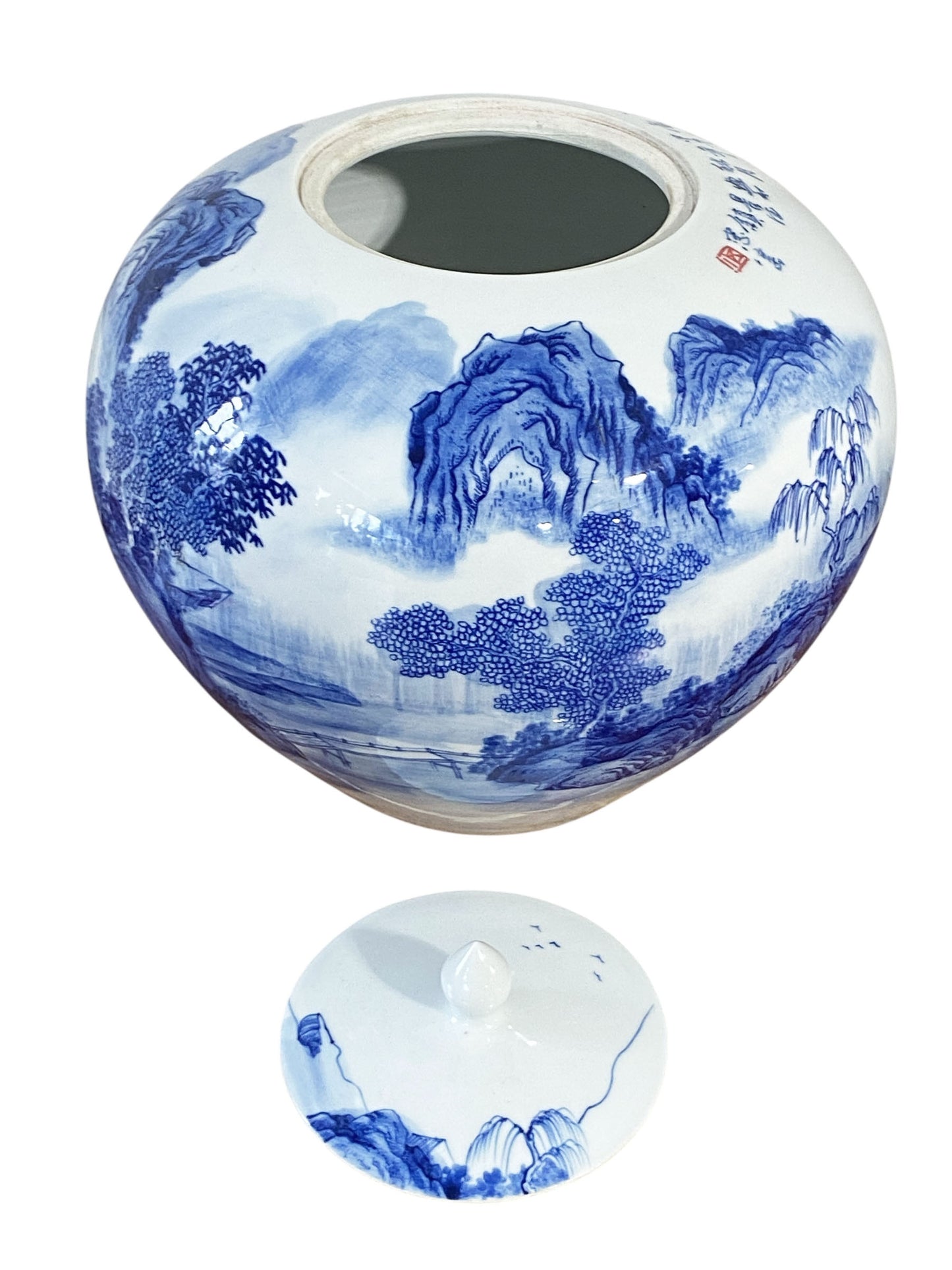 #6761 Vintage Chinoiserie B & W Porcelain Ginger Jar W/Scenery 12" H