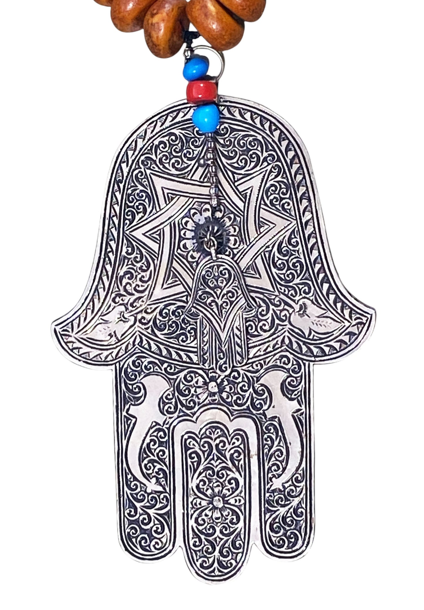 #4557 Vintage Amber necklace W / Moroccan Silver Hamsa / Hand Of Fatima 30.5" H