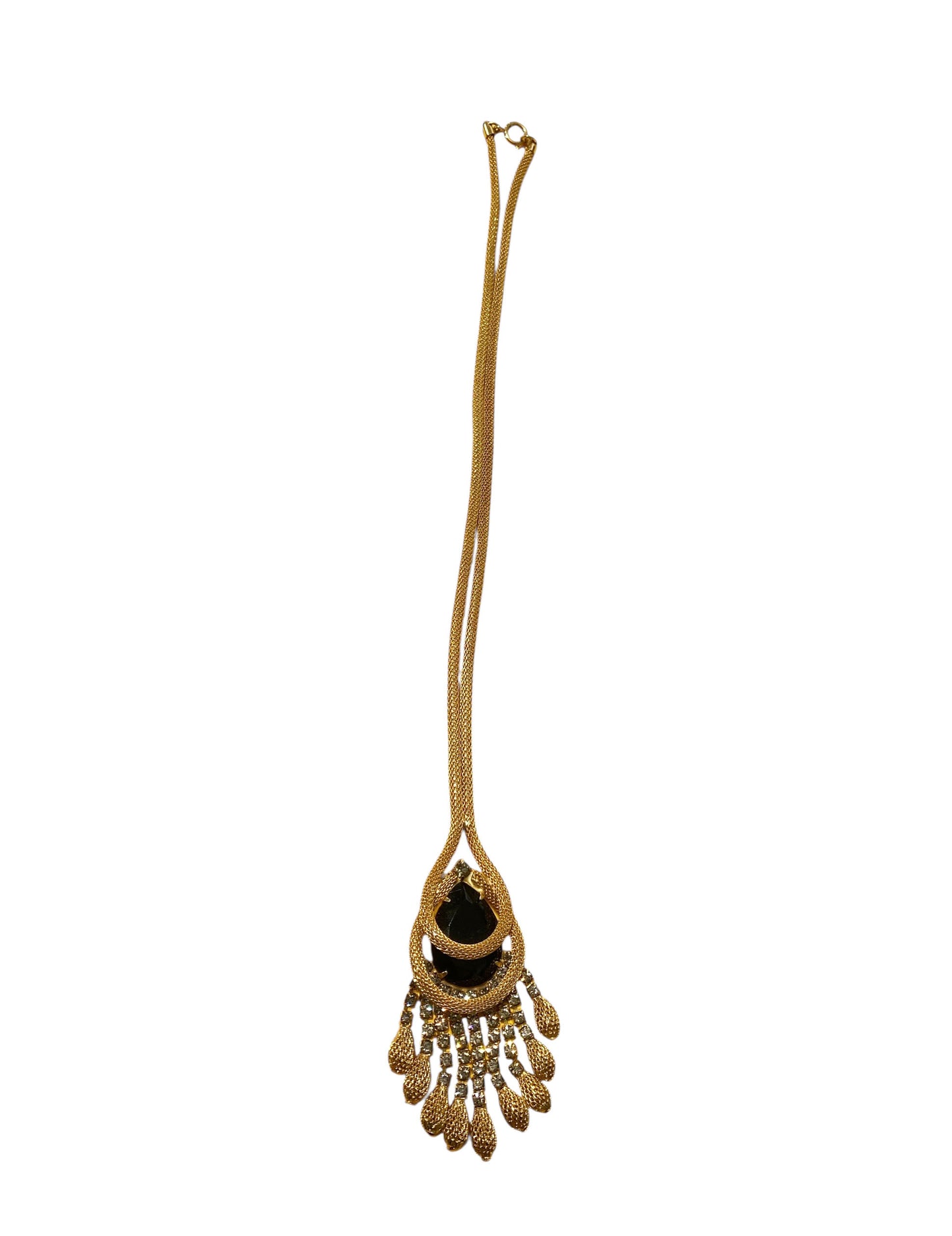 #14 Vintage Gold-tone Mesh Chain W/Black Faceted Pendant Stone Necklace
