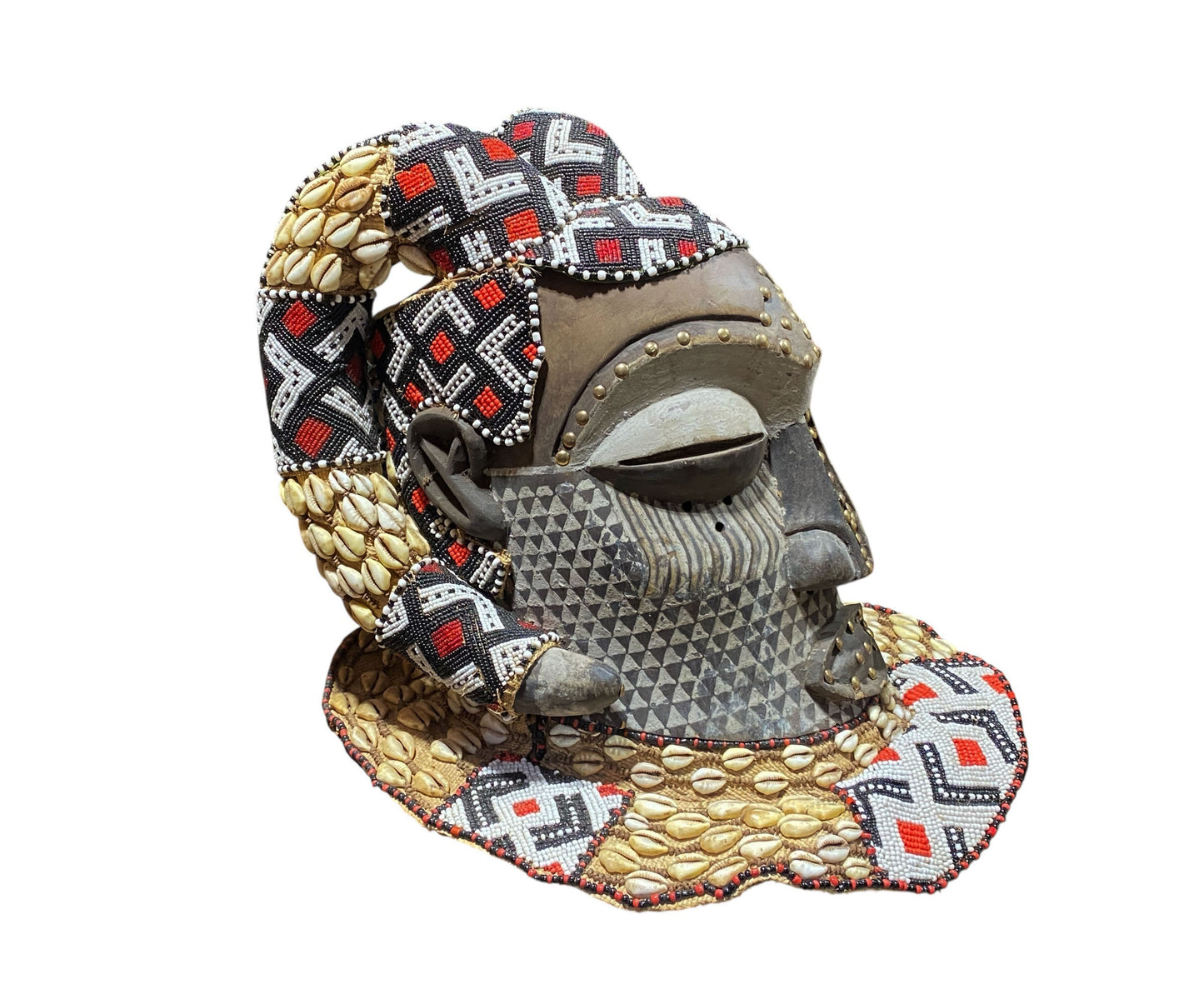 #681 Vintage Large African Tribal Kuba Royal Head Mask Congo 14" H