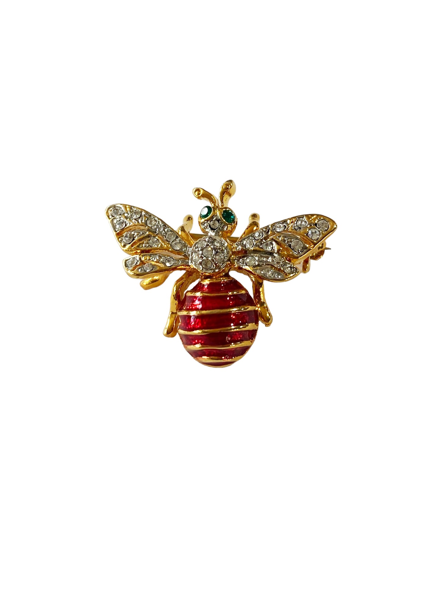#7164 Vintage Gold Tone Red enamel Clear Cristal Rhinestone Bumble Bee  Brooch Pin