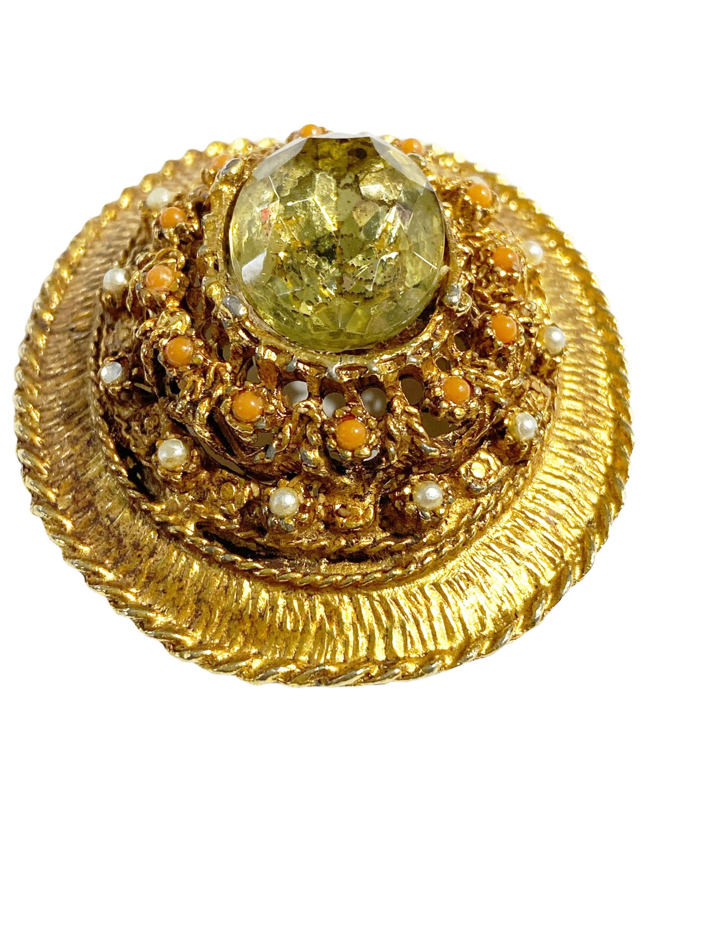 #7184 Vintage Brooch Gold Tone Topaz Rhinestones and  Pearls 2.25" H