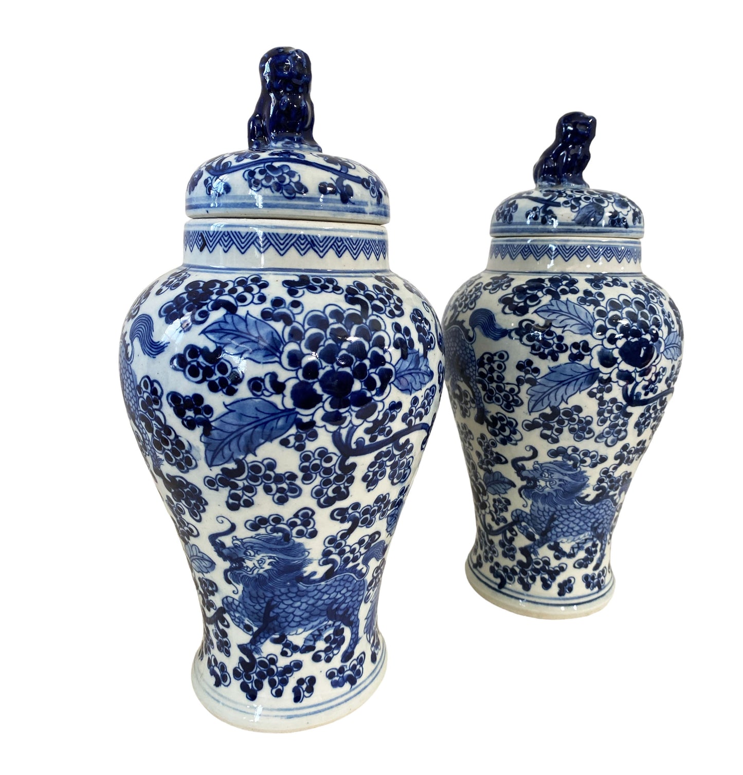 #7257 Chinoiserie Blue and White Porcelain Covered Jars w/ foo Dogs 12.5" H