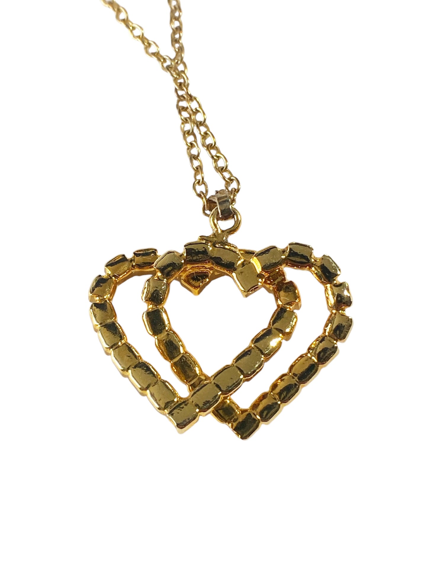 #6204  Gold Tone and Rhinestone  Interlocked Hanging Hearts Pendant Jewels By Rio
