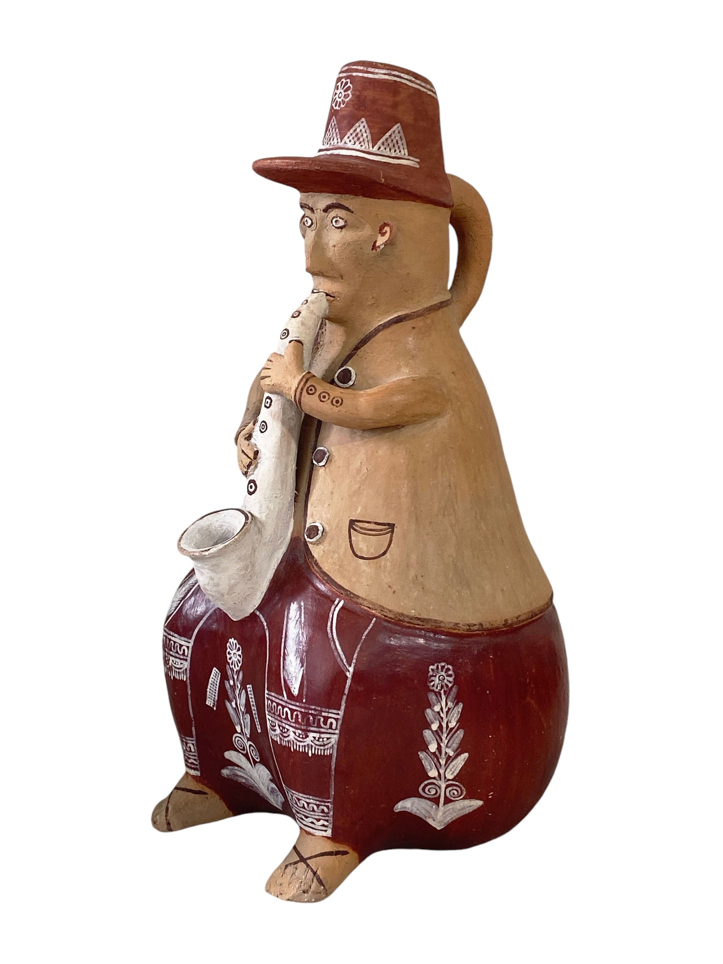 #6237 Peruvian Folk Art Clay Figurine Musician playing saxophone 15" H