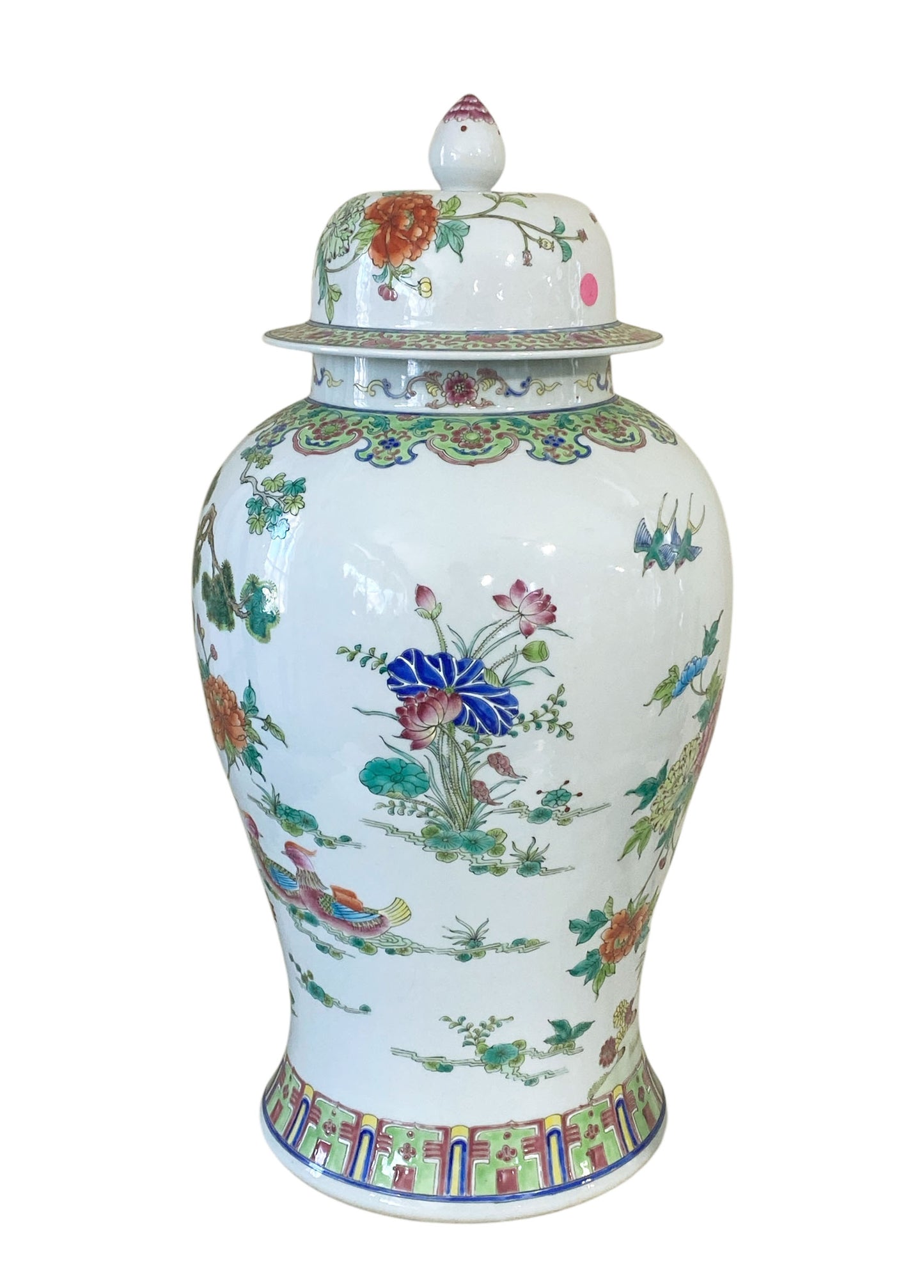 #3201 Vintage LG Chinoiserie Famille Rose Porcelain Ginger Jar 24" H