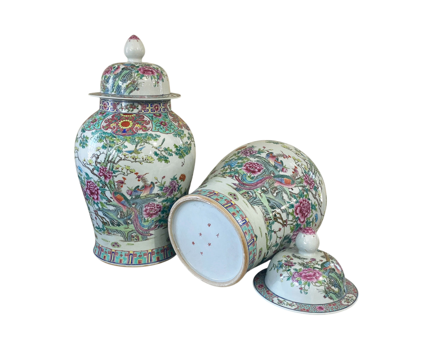 #5949 Vintage LG Chinoiserie Famille Rose Porcelain Ginger Jars 26" H Pair