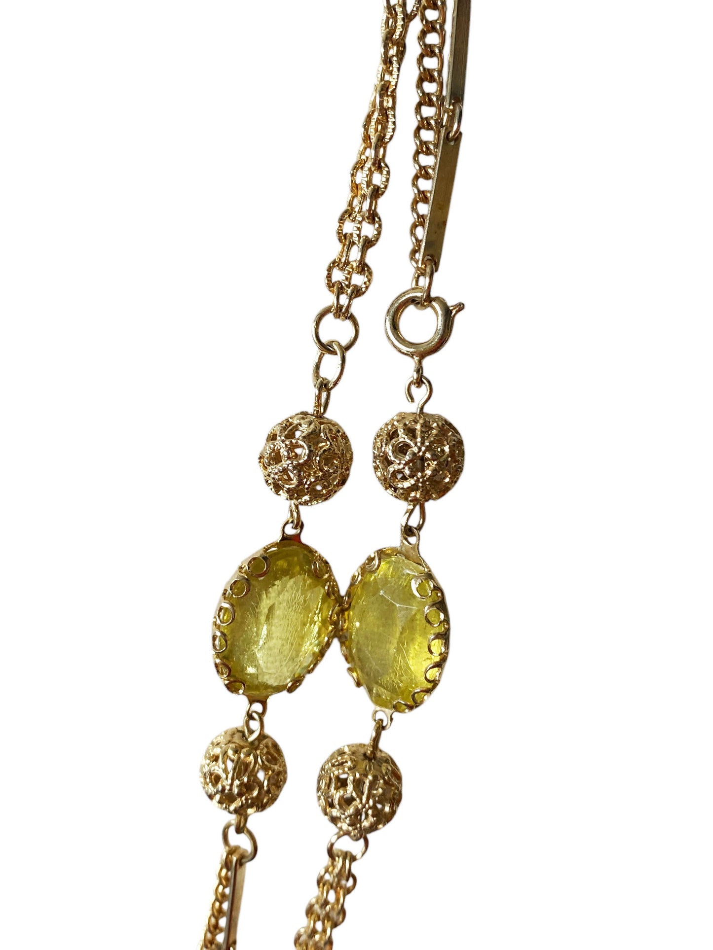 #6392 Vintage Gold tone and Greens Faux Citrine Long Necklace 26" H