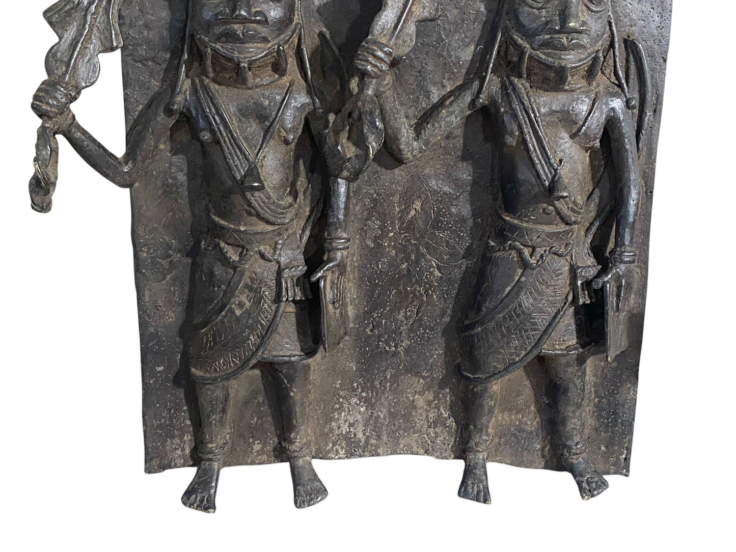 #3877 Vintage  Large African Benin Bronze Plaque W/ Warriors 18.25" H