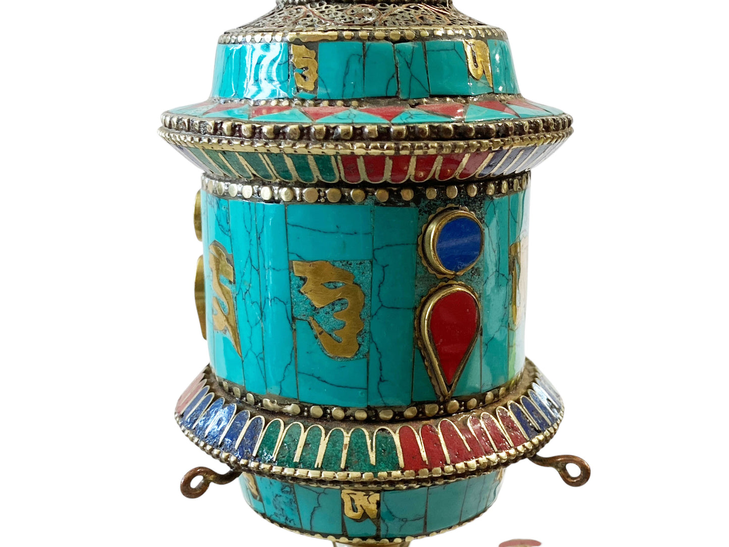 #1379 Nepalese Brass W/ Turquoise/Coral/Lapis Stones Table Top Prayer Wheel