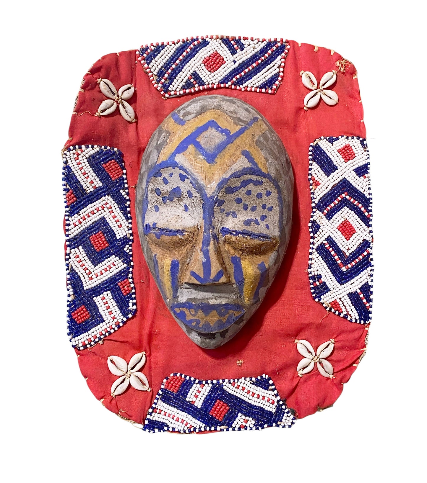 #6805 Vintage African Art Hand Carved Beaded Kuba Mask 14" H