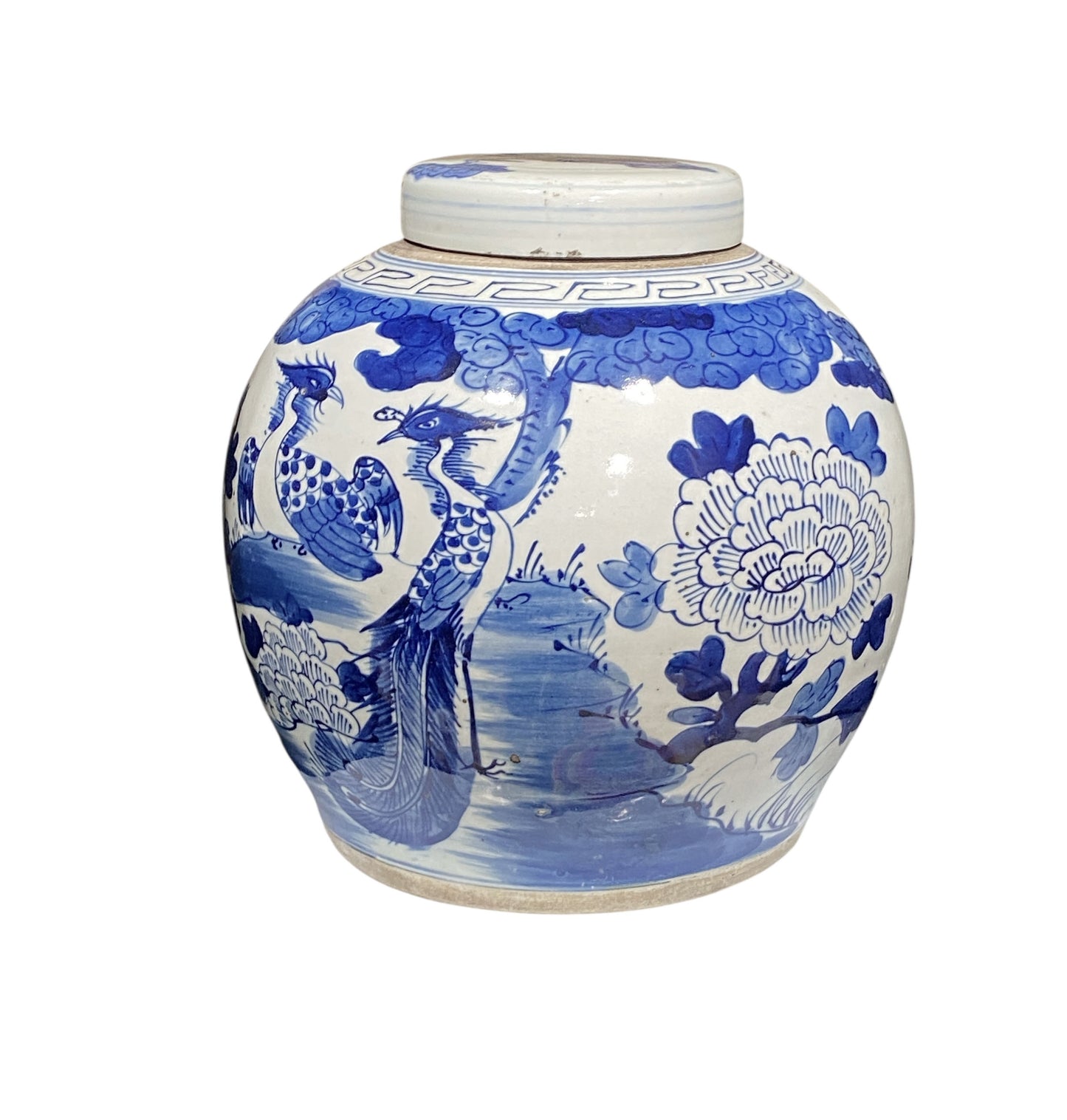 #2319 Vintage Chinese LG B & W Phoenix Porcelain Ginger Jar 11.5"